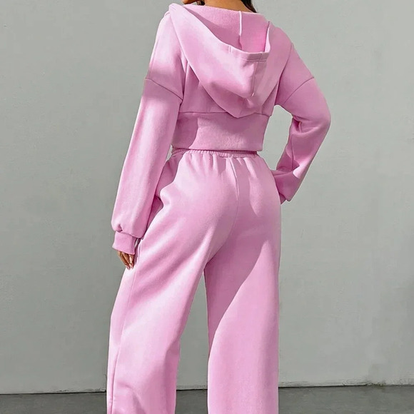Pink Casual Women's Spring Zip Front Hooded Sweatshirt And Pants Set - Picture 2 of 7